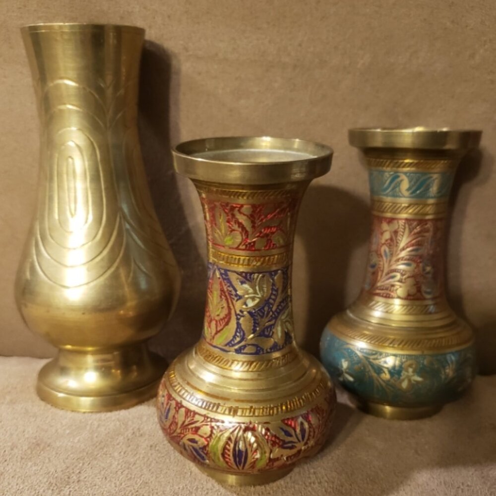 Set of 3 Small Sarna Brass India Vases Etched Painted Floral Leaf
